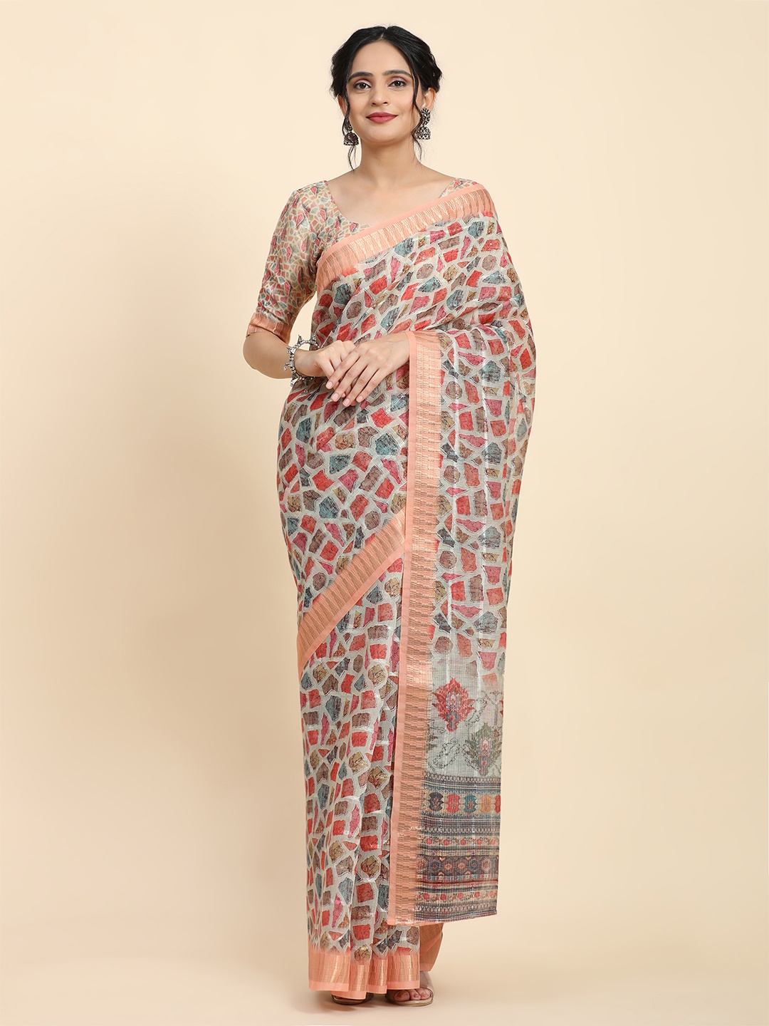 

RACHNA Abstract Printed Zari Saree, Green
