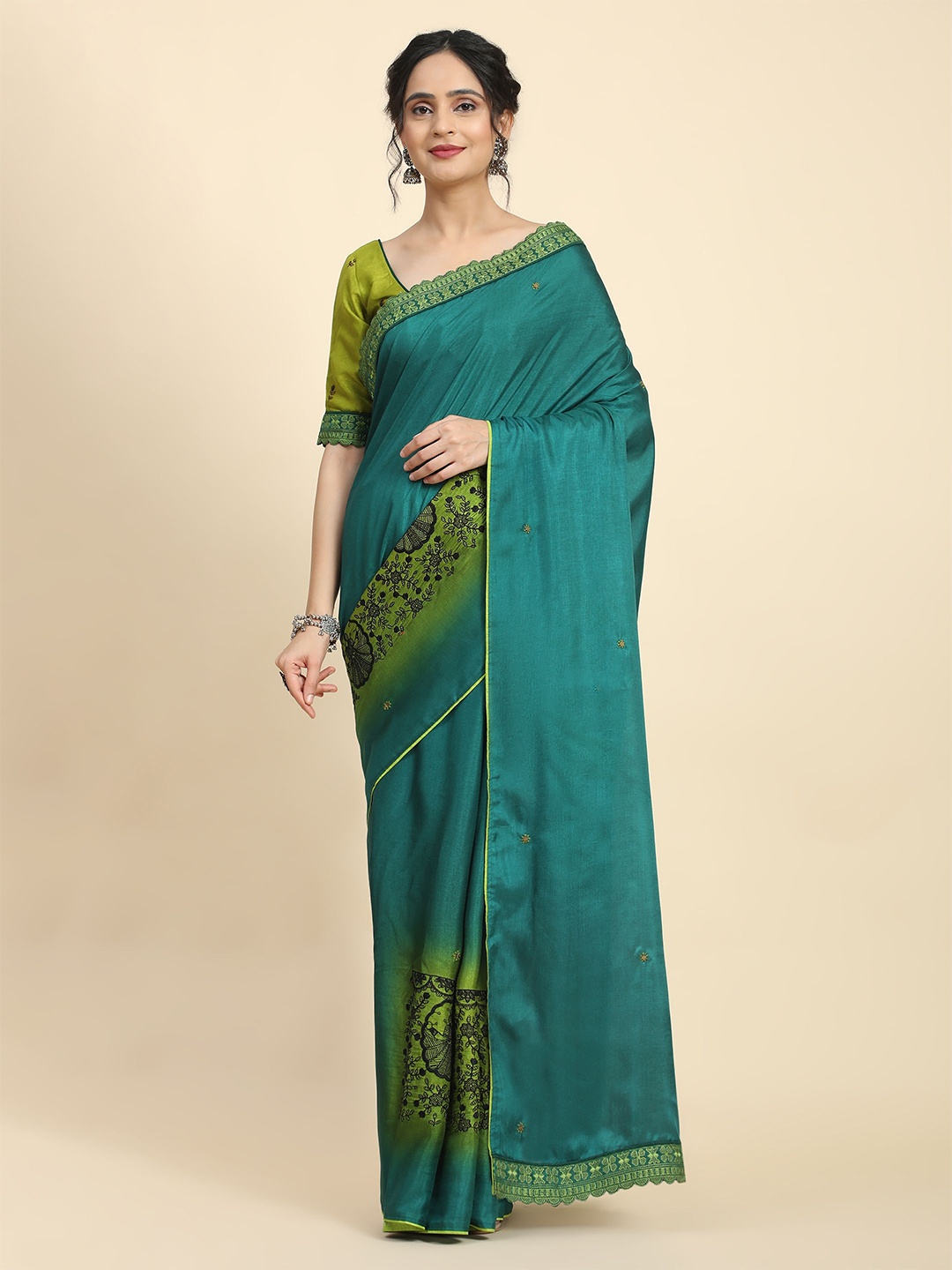 

RACHNA Ethnic Motifs Embroidered Silk Cotton Tussar Saree, Olive