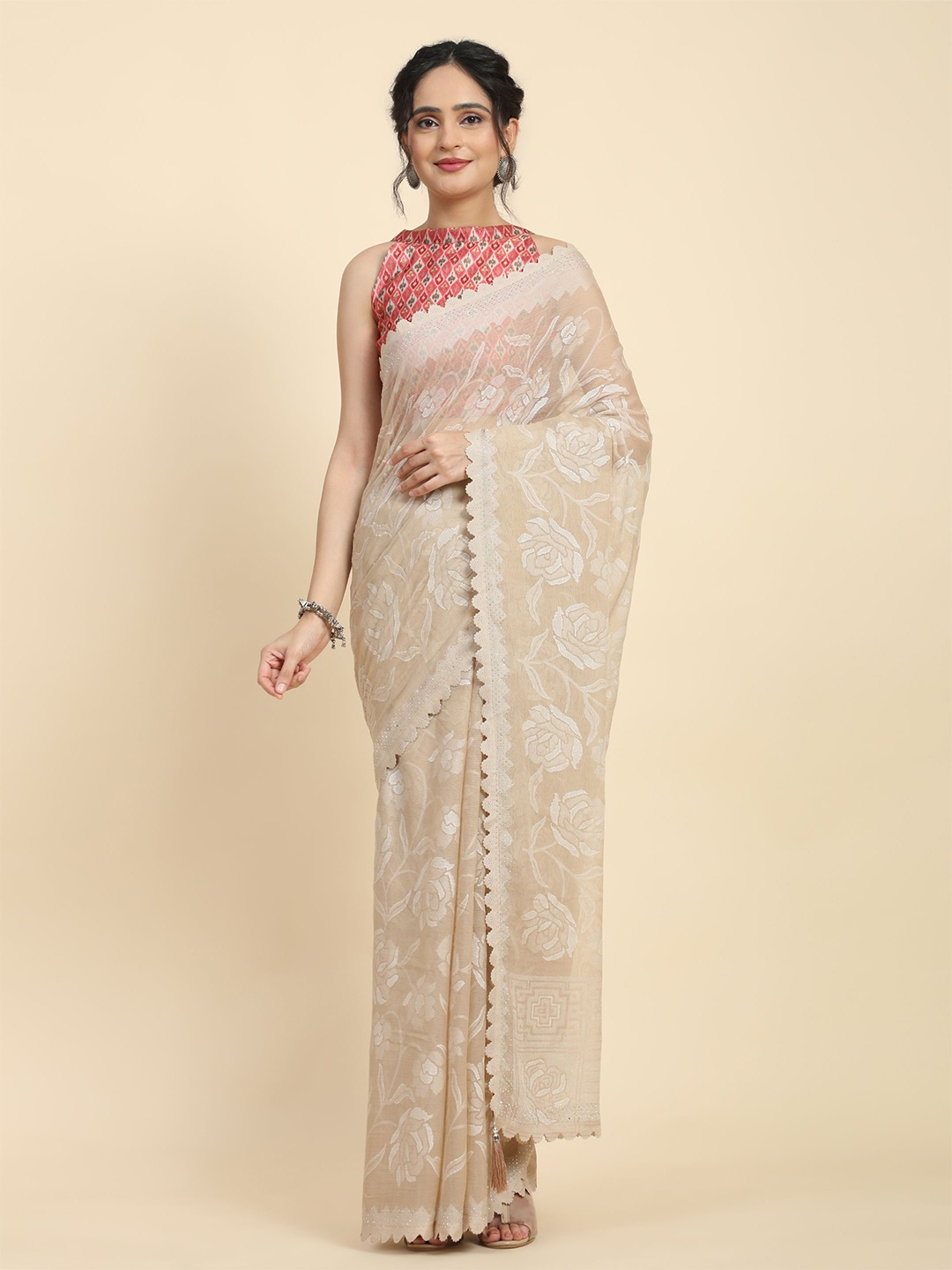 

RACHNA Floral Printed Beads and Stones Embellished Pure Chiffon Saree, Beige