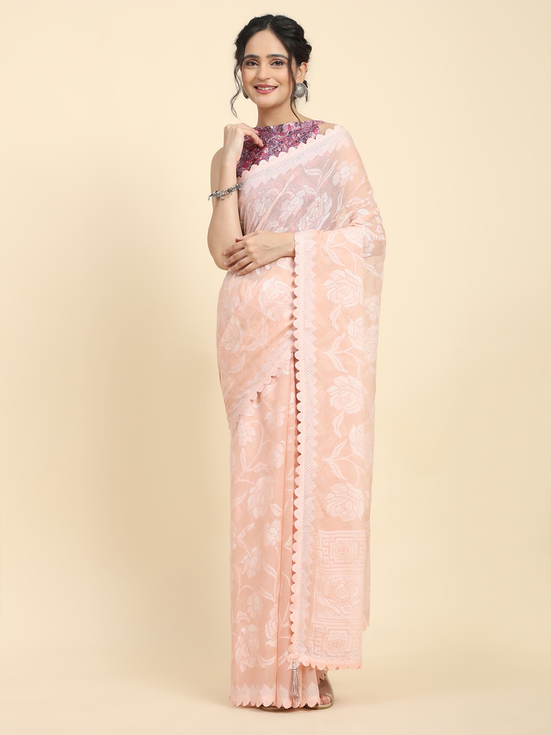 

RACHNA Floral Printed Beads and Stones Embellished Pure Chiffon Saree, Peach
