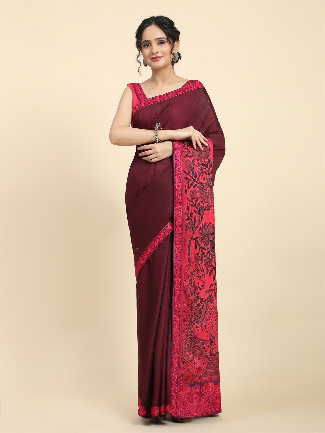 

RACHNA Ethnic Motifs Embroidered Silk Cotton Tussar Saree, Pink