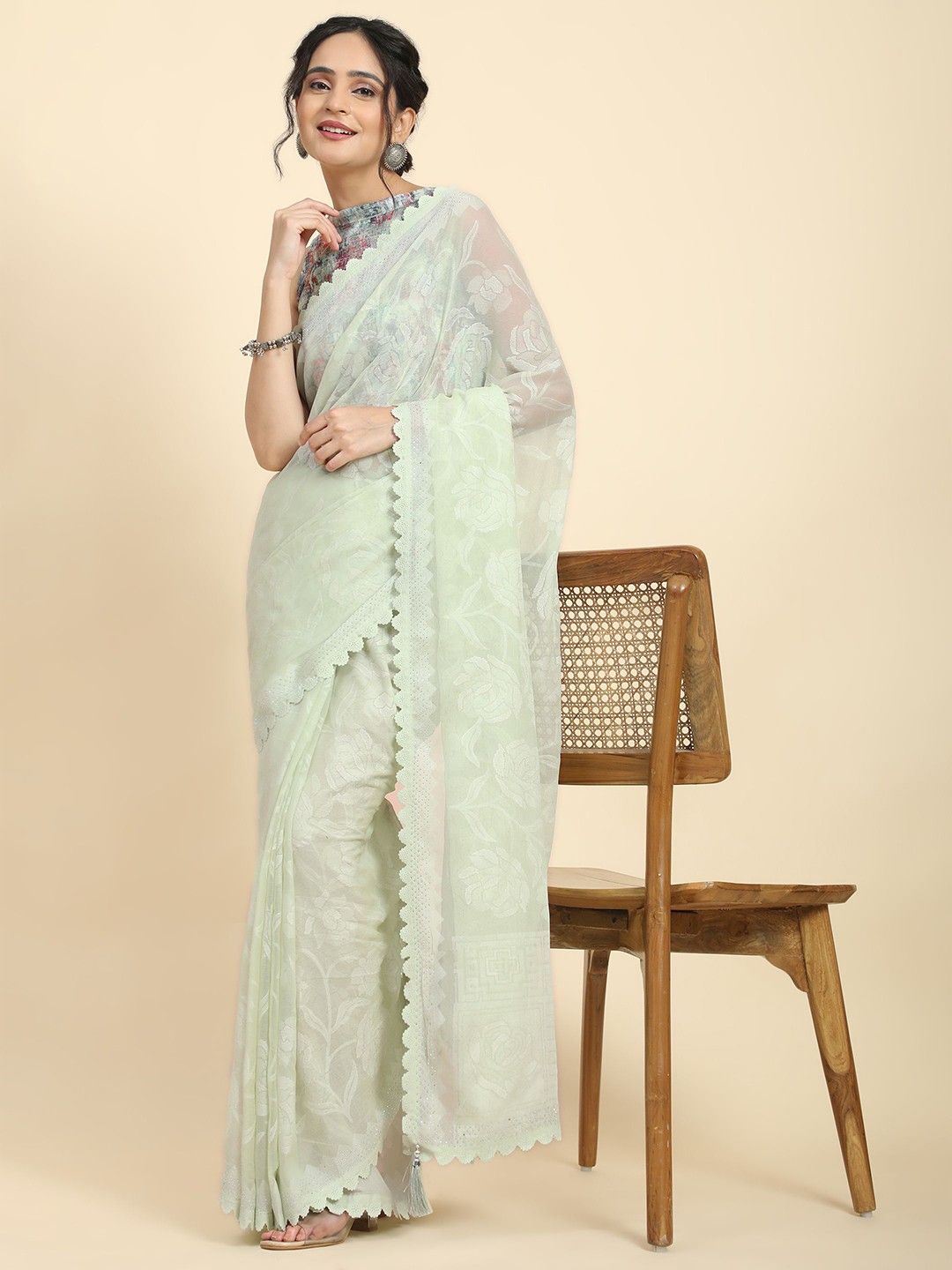 

RACHNA Floral Printed Pure Chiffon Saree, Green