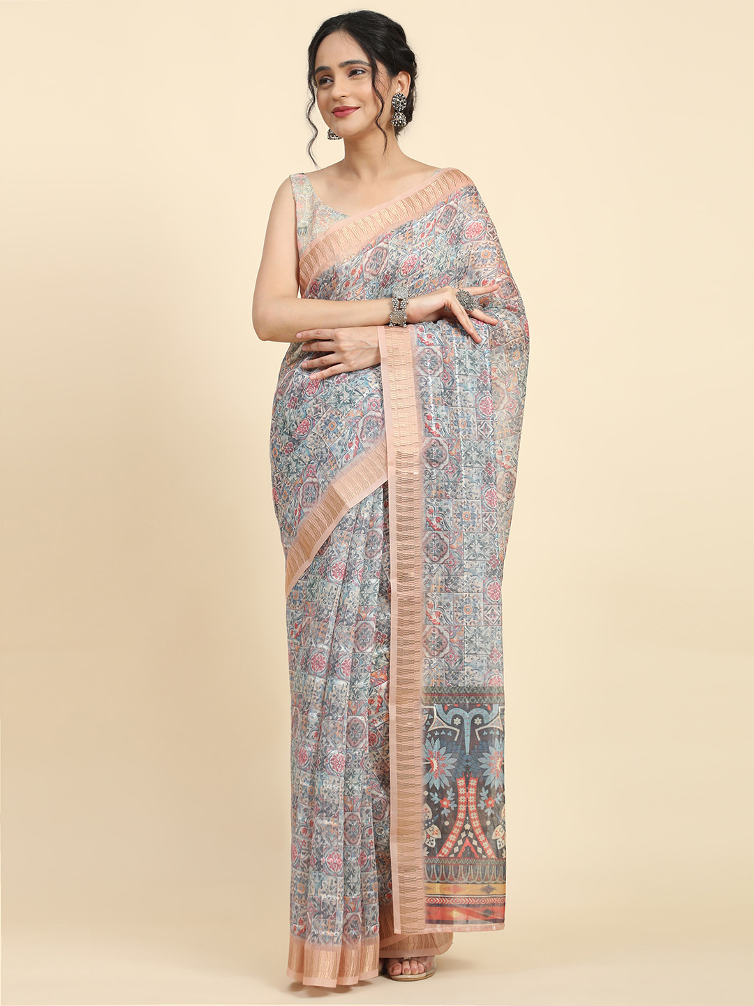 

RACHNA Ethnic Motifs Printed Zari Saree, Blue