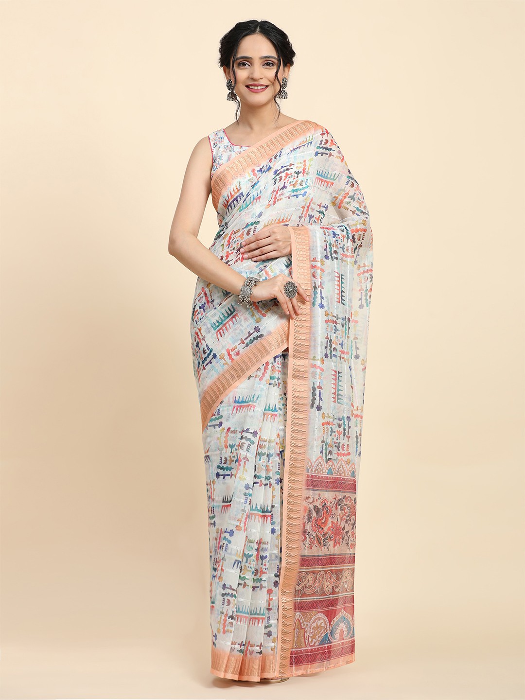 

RACHNA Ethnic Motifs Printed Zari Saree, White
