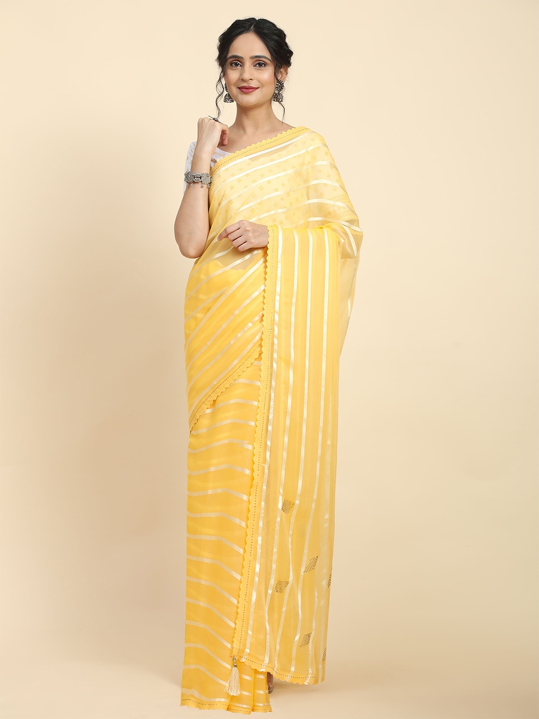 

RACHNA Striped Beads and Stones Pure Georgette Saree, Yellow