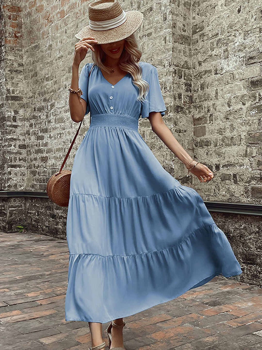 

LULU & SKY V-Neck Smocked Flared Sleeves Fit And Flare Midi Dress, Blue
