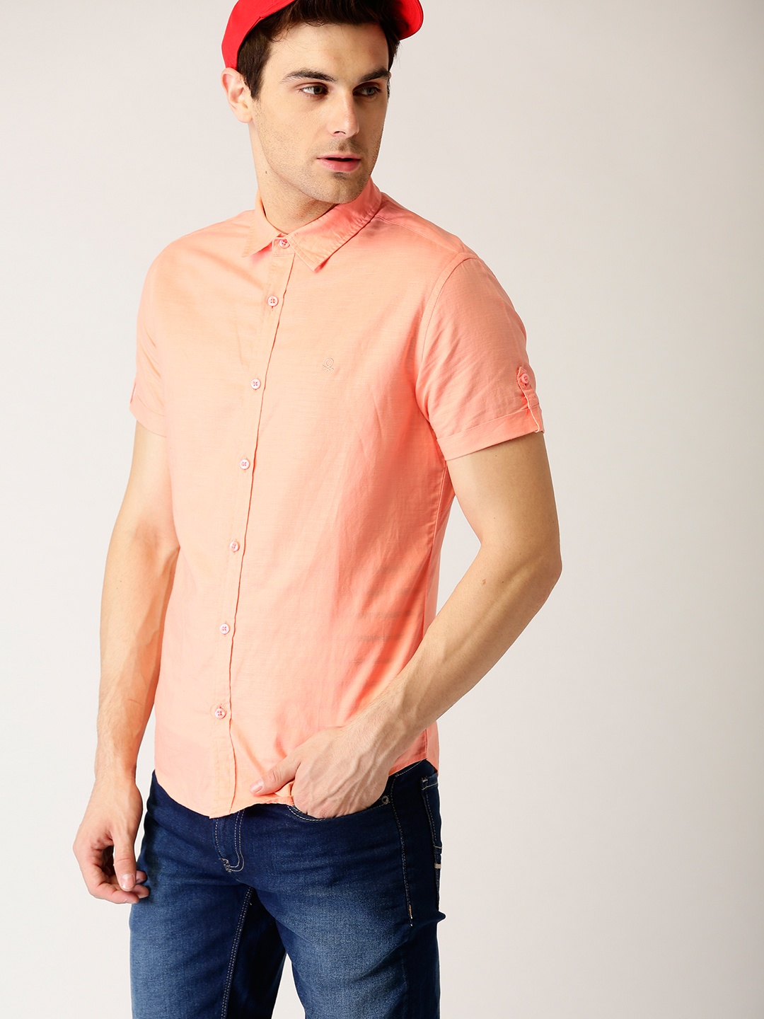 

United Colors of Benetton Men Peach-Coloured Slim Fit Solid Casual Shirt