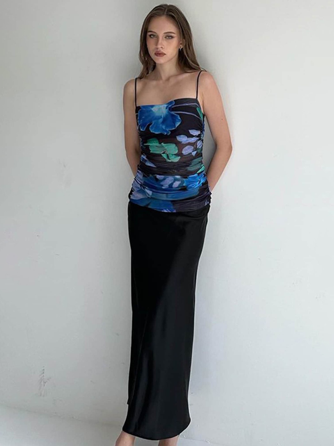 LULU & SKY Floral Printed Shoulder Strap Maxi Dress, Black