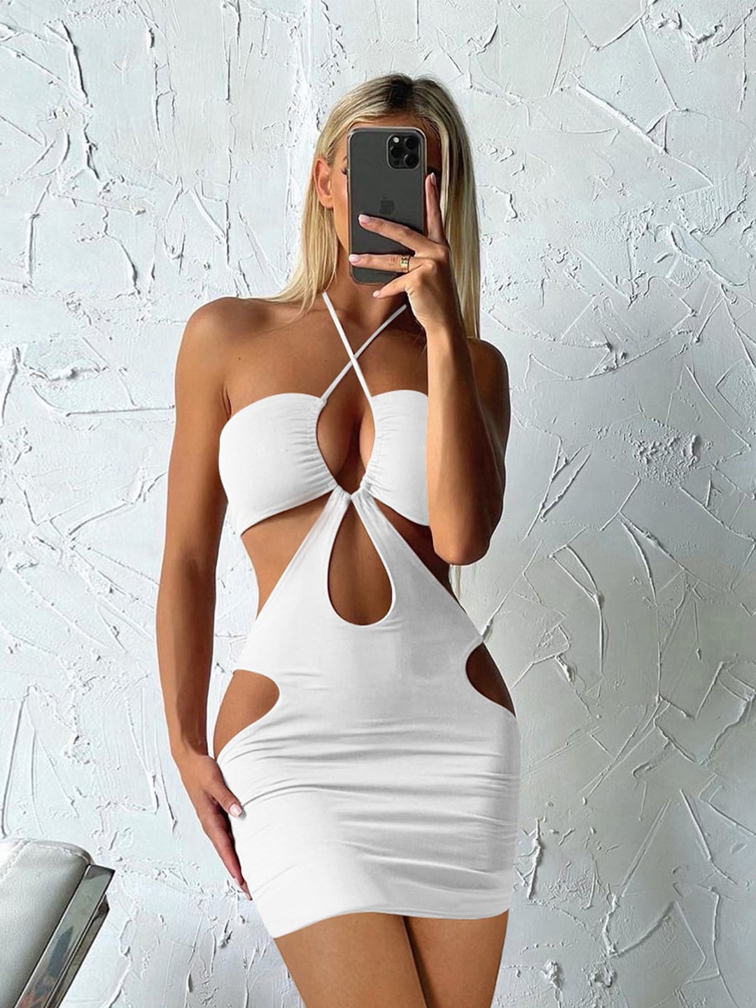 

LULU & SKY Halter Neck Cut-Outs Bodycon Mini Dress, White