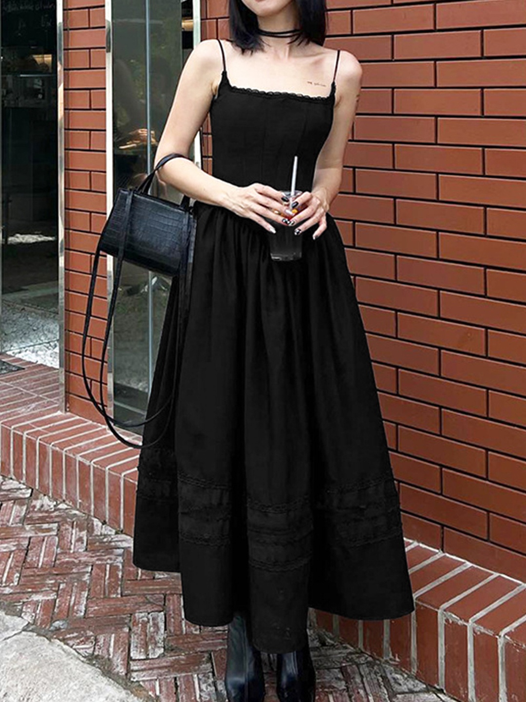 

LULU & SKY Shoulder Straps Gathered Maxi Dress, Black
