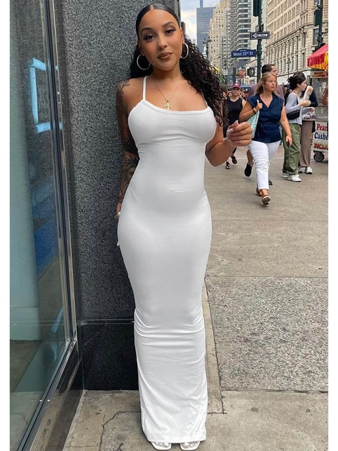 

LULU & SKY Shoulder Strap Gathered Bodycon Maxi Dress, White