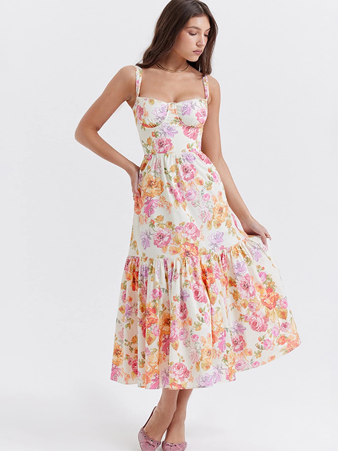 

LULU & SKY Yellow Floral Print Fit & Flare Midi Dress
