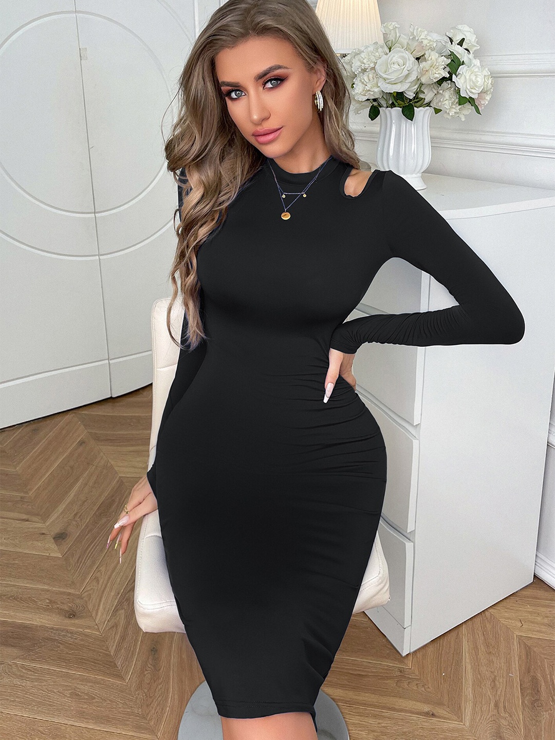 

LULU & SKY Round Neck Cut Out Details Bodycon Dress, Black