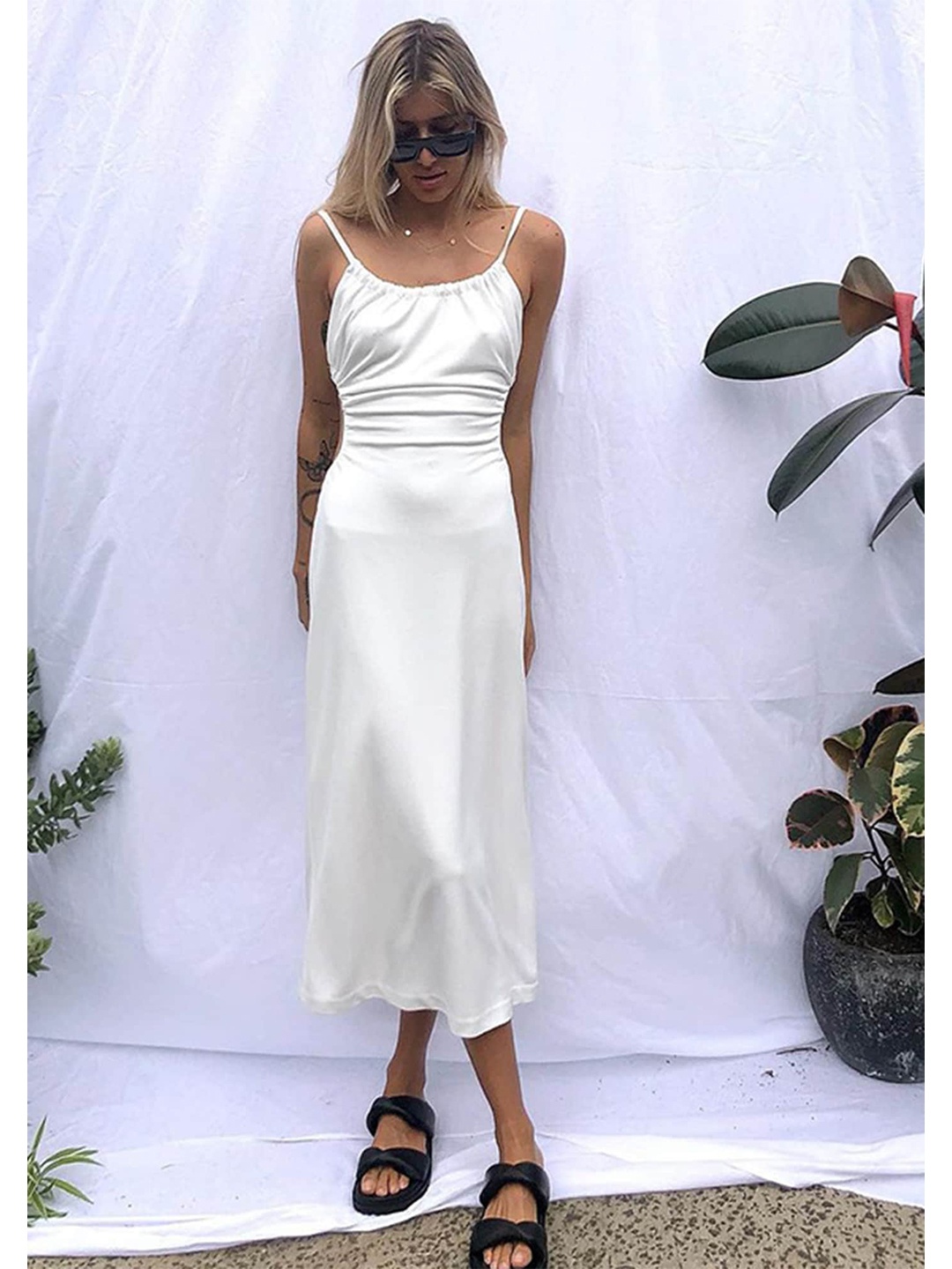 

LULU & SKY Shoulder Straps Gathered Detail A-Line Dress, White