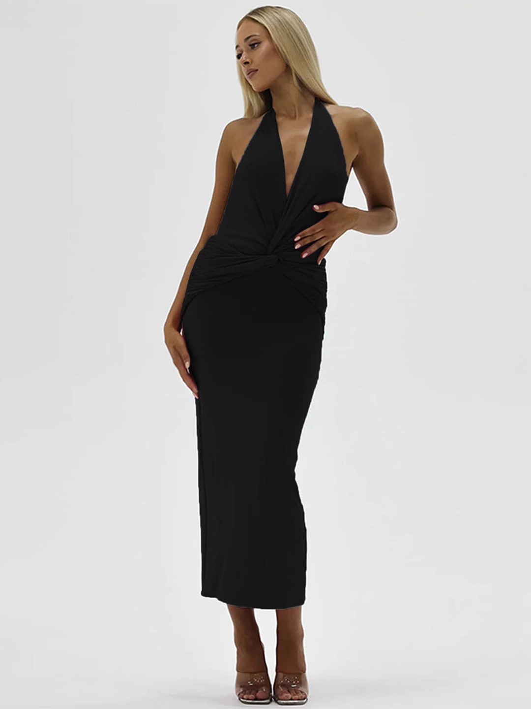 

LULU & SKY Halter Neck Midi Sheath Dress, Black