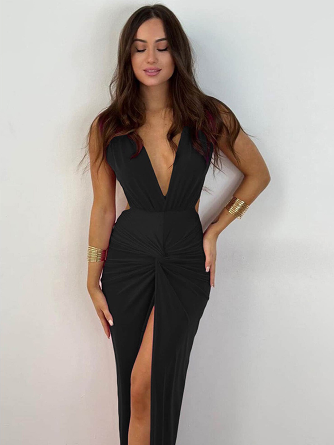 

LULU & SKY V-Neck Gathered Bodycon Maxi Dress, Black