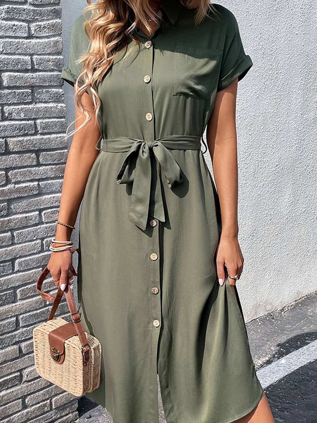 

LULU & SKY Shirt Collar Tie Ups Midi Shirt Dress, Green