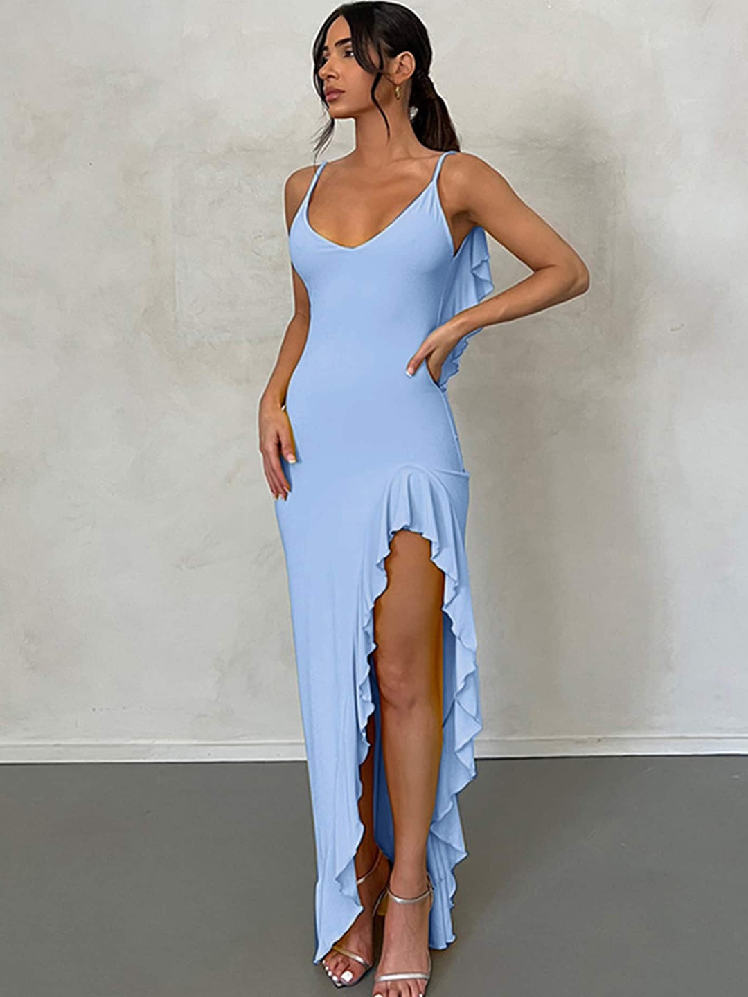 

LULU & SKY Ruffled Slit Bodycon Maxi Dress, Blue