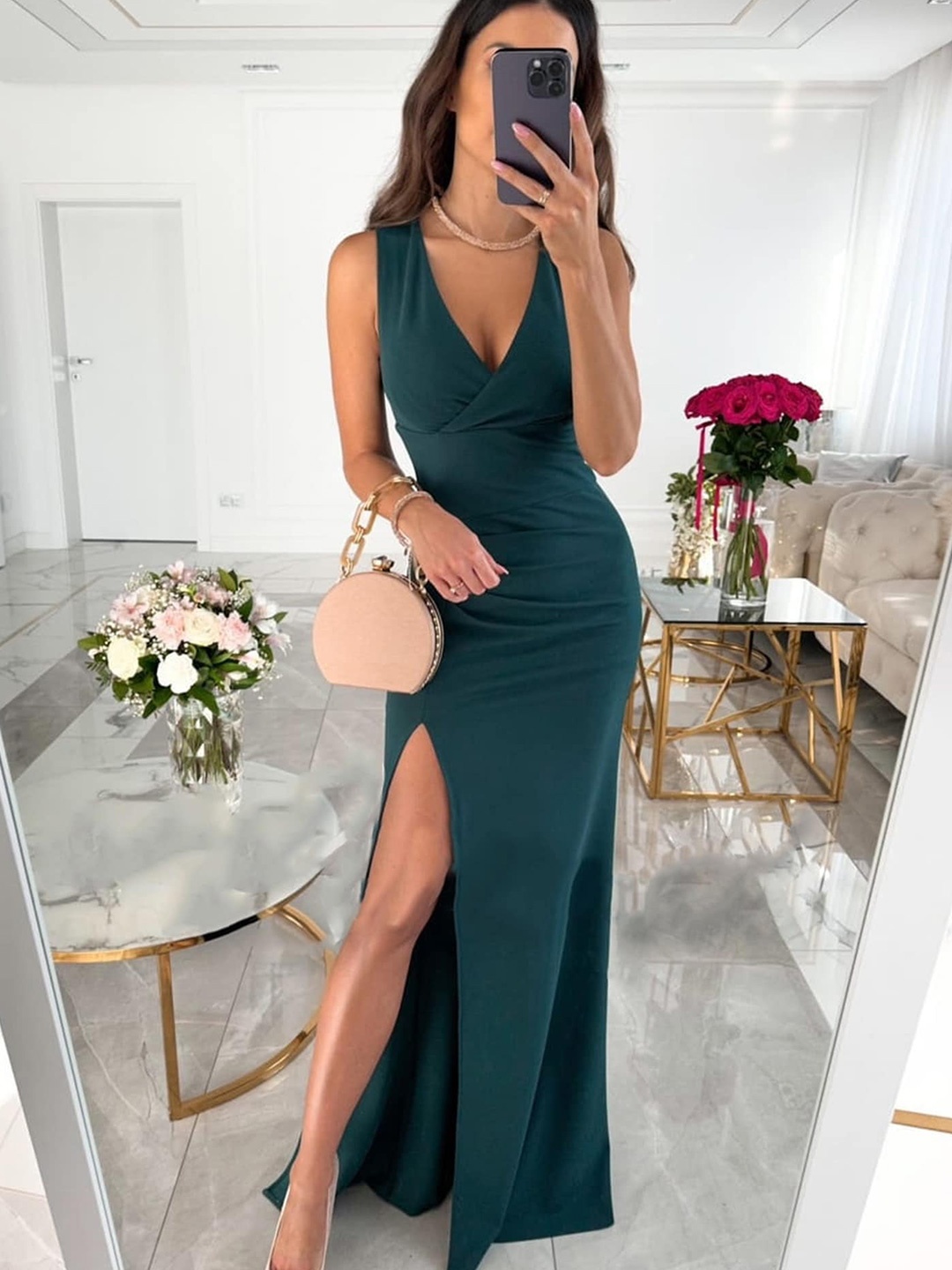 

LULU & SKY V-Neck Slit Bodycon Maxi Dress, Green