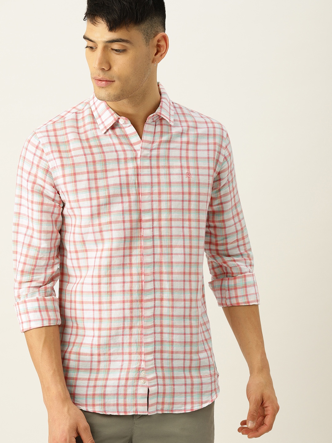 

United Colors of Benetton Men Pink & White Slim Fit Checked Shirt