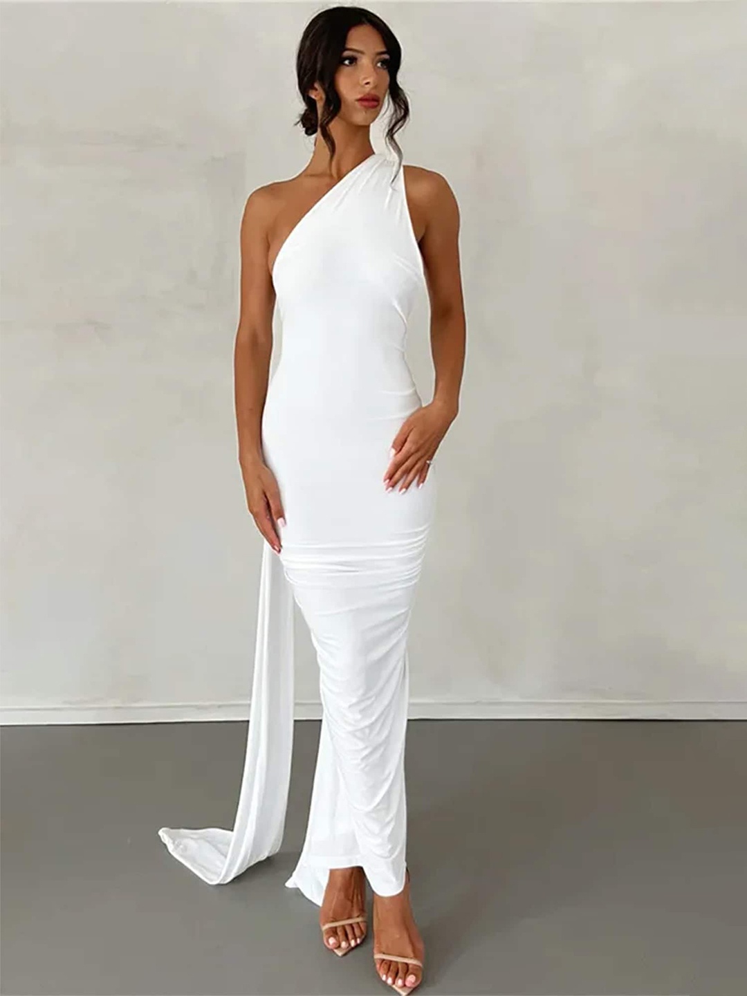 

LULU & SKY One Shoulder Gathered Bodycon Maxi Dress, White