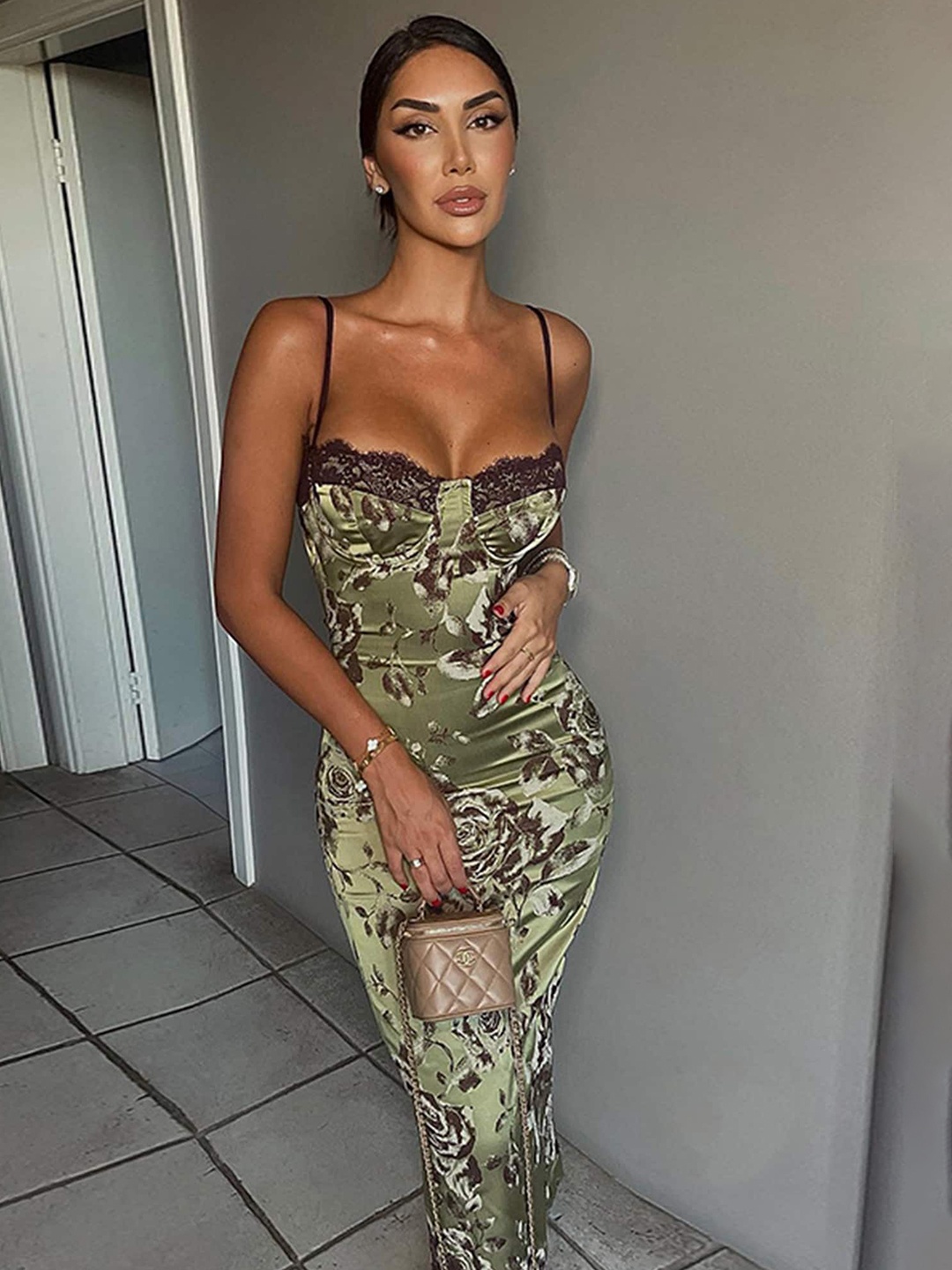 

LULU & SKY Floral Printed Shoulder Straps Sheath Midi Dress, Green
