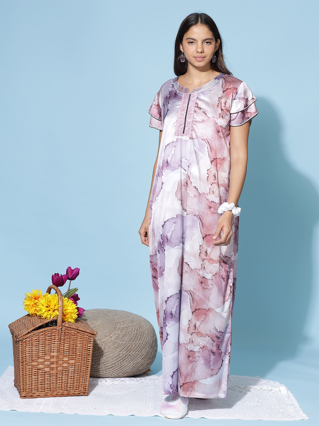 

9shines Label Abstract Printed Satin Maxi Nightdress, Peach