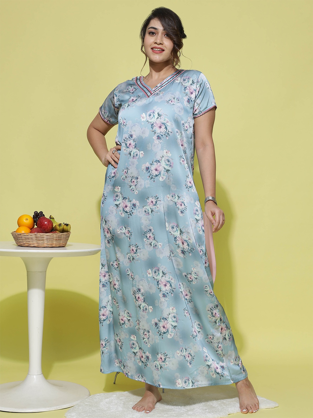 

9shines Label Floral Printed V-Neck Satin Maxi Nightdress, Blue