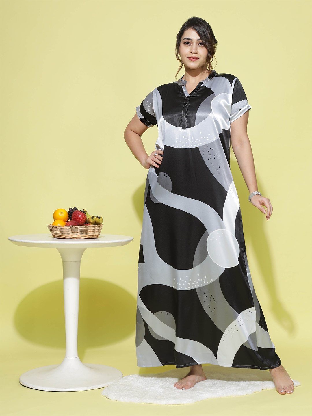 

9shines Label Geometric Printed Satin Maxi Nightdress, Black
