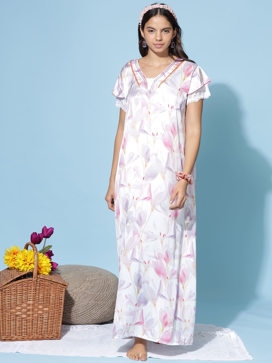 

9shines Label Floral Printed V-Neck Satin Maxi Nightdress, Lavender