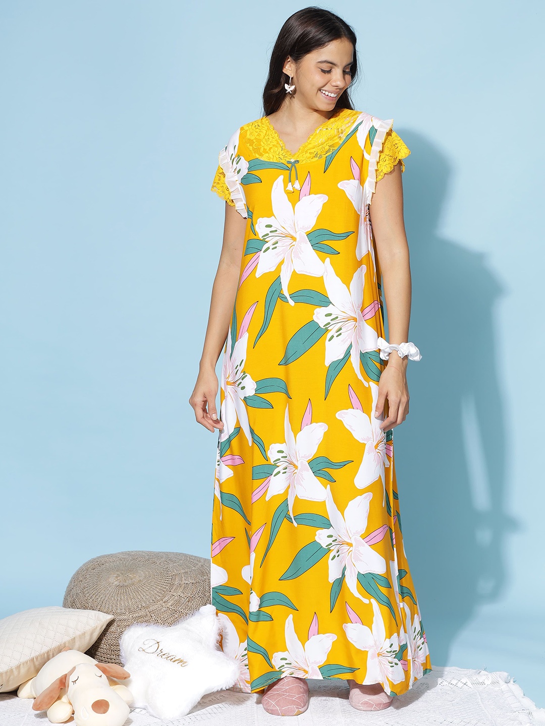 

9shines Label Floral Printed Maxi Nightdress, Yellow