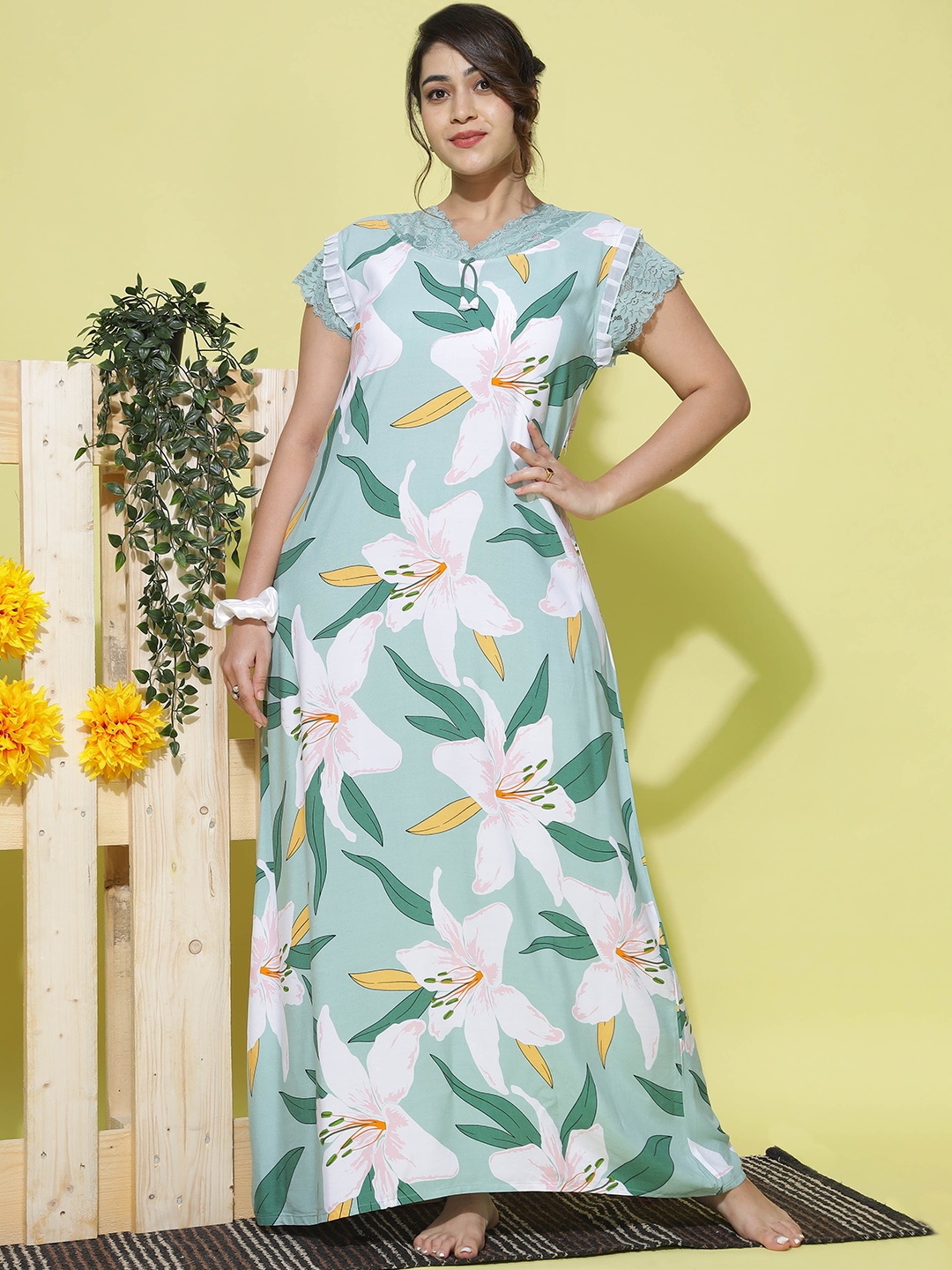 

9shines Label Floral Printed Maxi Nightdress, Green