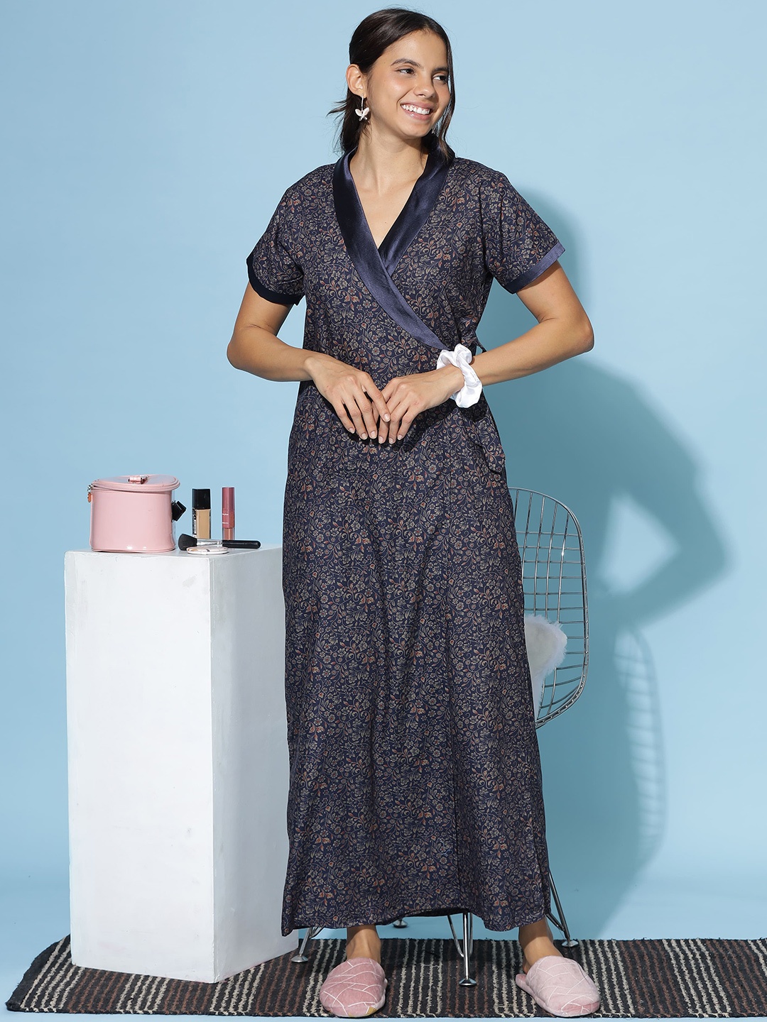 9shines Label Floral Printed Maxi Nightdress, Navy blue
