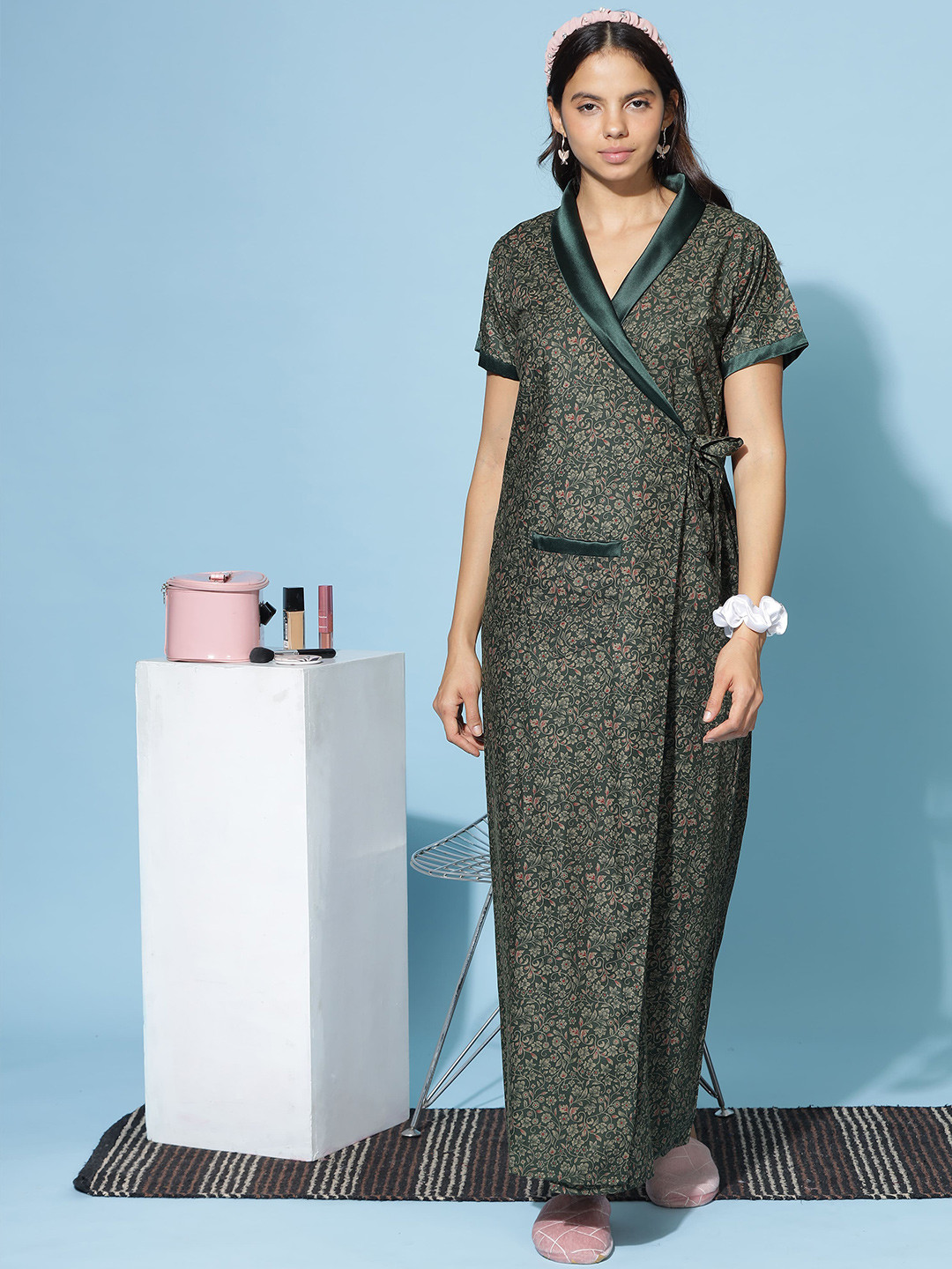 

9shines Label Floral Printed Maxi Wrap Nightdress, Green