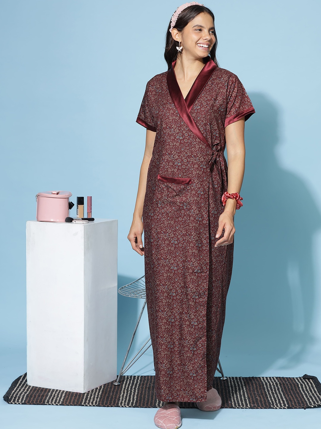 

9shines Label Floral Printed Maxi Wrap Nightdress, Maroon