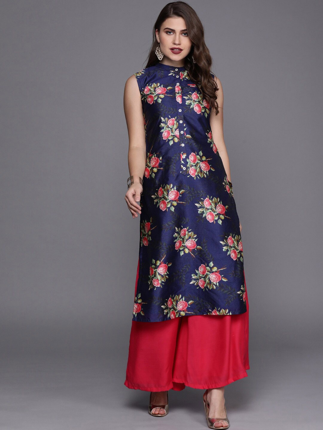 

Ethnovog Floral Printed Georgette Straight Kurta, Blue
