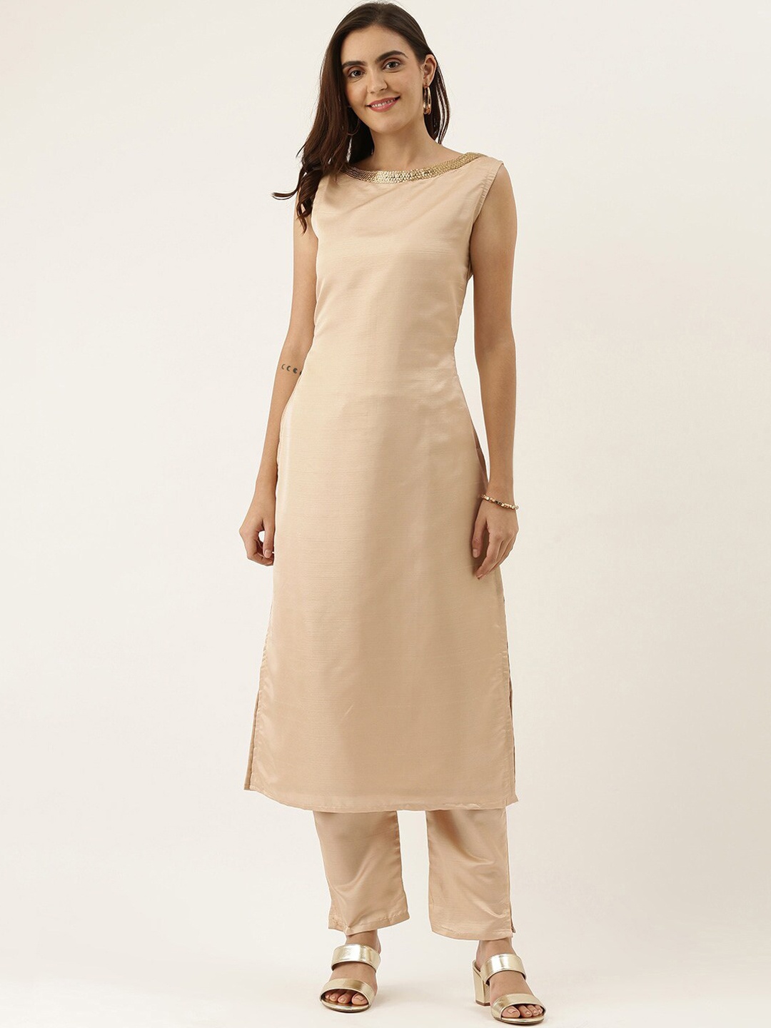 

Ethnovog Round Neck Satin Straight Kurta, Beige