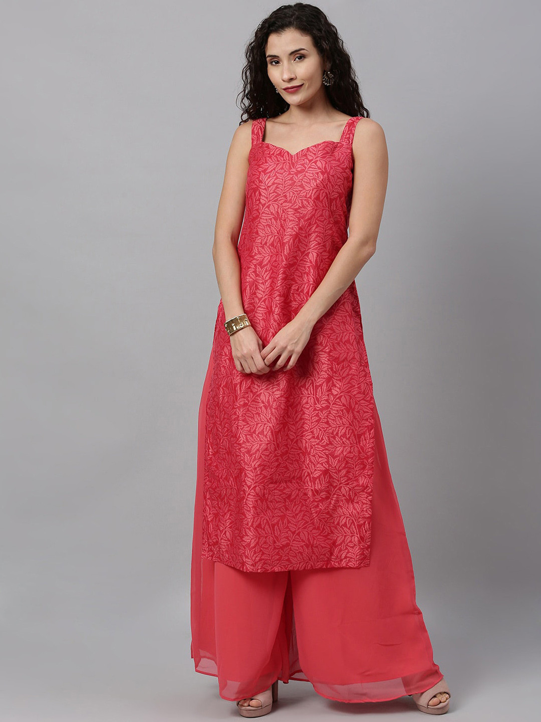 

Ethnovog Floral Printed Sleeveless Straight Kurta, Pink