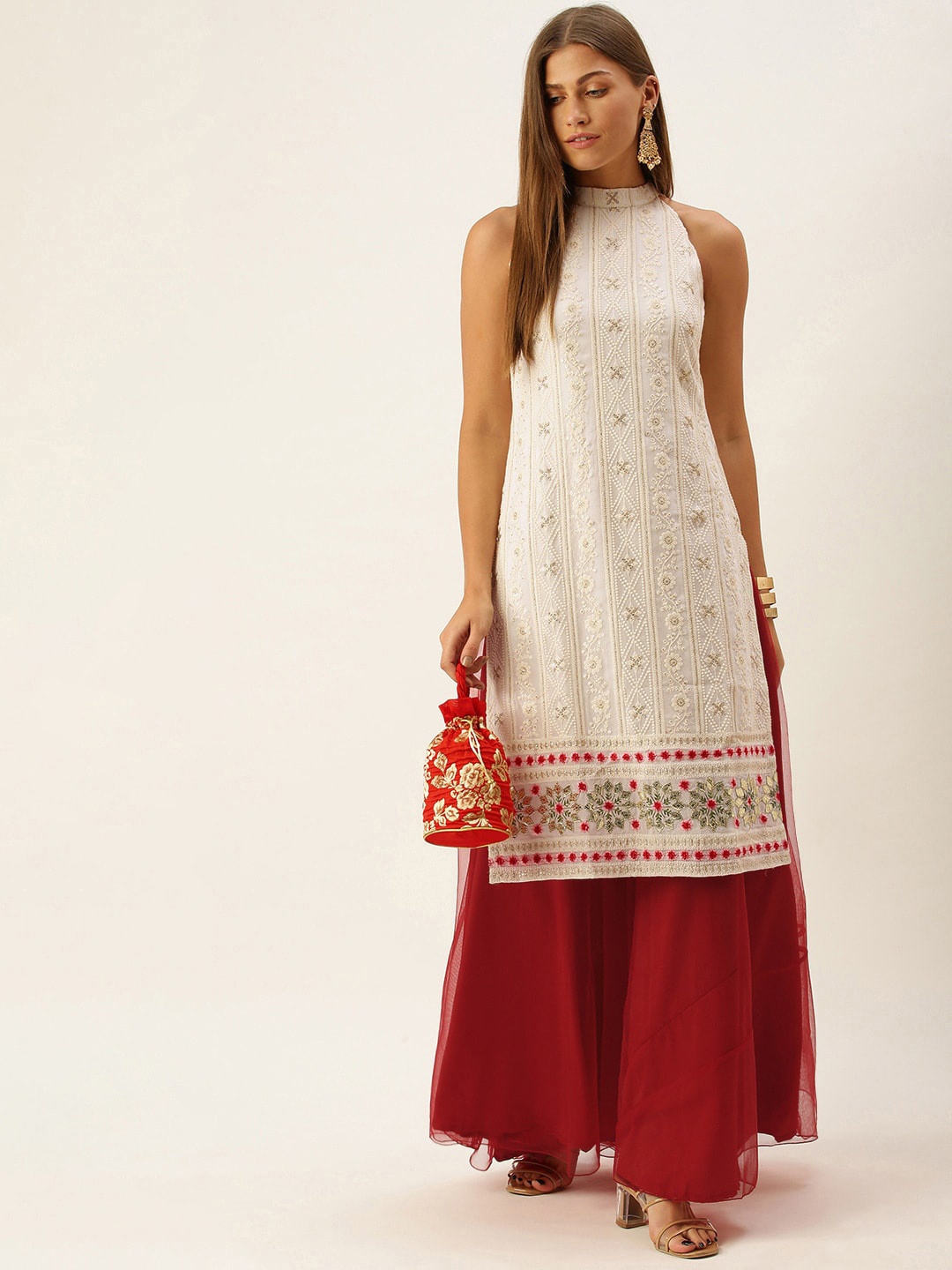 

Ethnovog Ethnic Motifs Embroidered Sequinned Halter Neck Straight Kurta, Off white