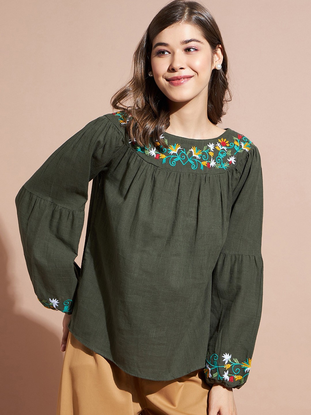 

DressBerry Floral Embroidered Gathered Top, Olive