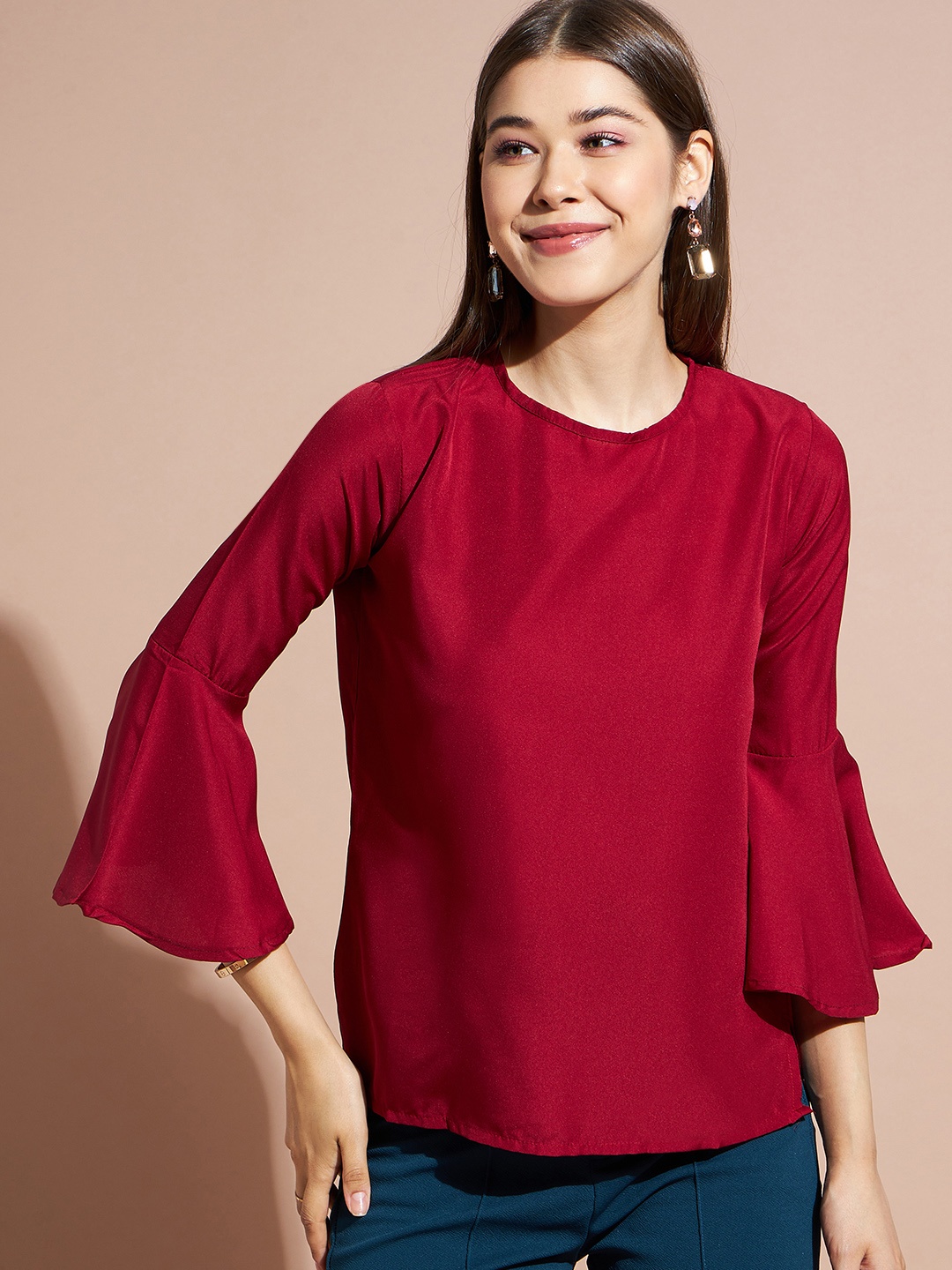 

DressBerry Red Round Neck Bell Sleeves Top