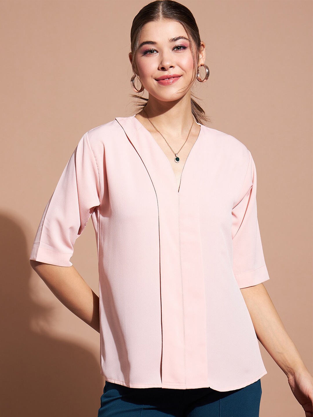 

DressBerry Pink V-Neck Crepe Regular Top