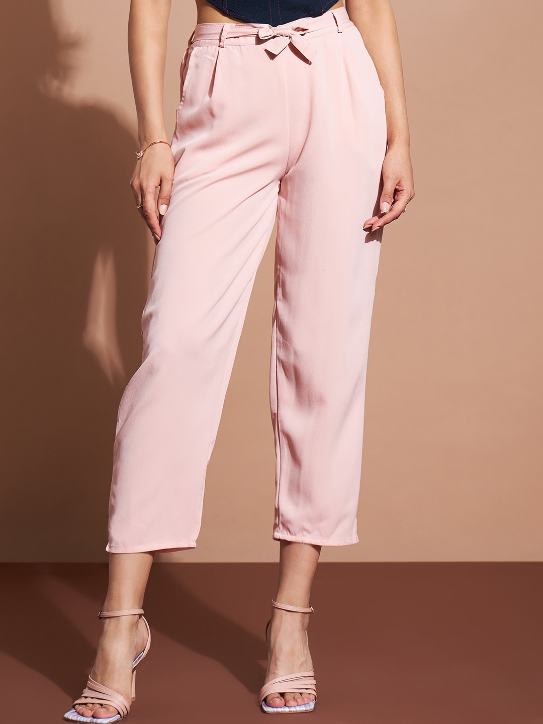 

DressBerry Women Mid-Rise Pleated Cropped Culottes Trousers With Belt, Pink