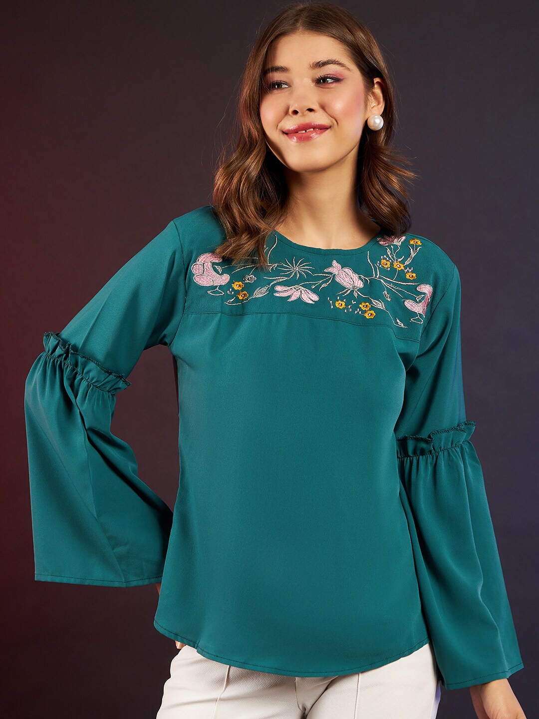 

DressBerry Green & Pink Floral Embroidered Bell Sleeves Top