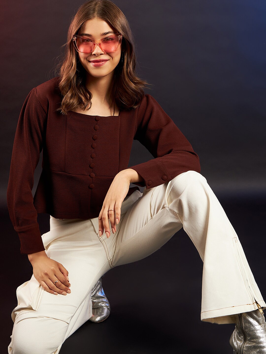 

DressBerry Brown Textured Square Neck Top