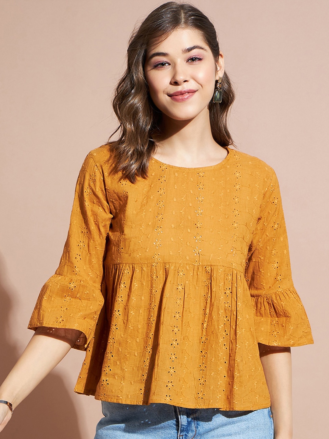 

DressBerry Self Design Bell Sleeves Peplum Top, Yellow