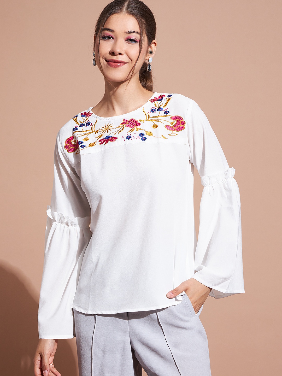 

DressBerry White Floral Embroidered Bell Sleeves Top