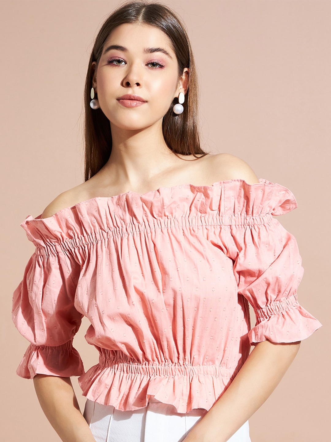 

DressBerry Pink Self Design Off-Shoulder Bell Sleeve Bardot Crop Top