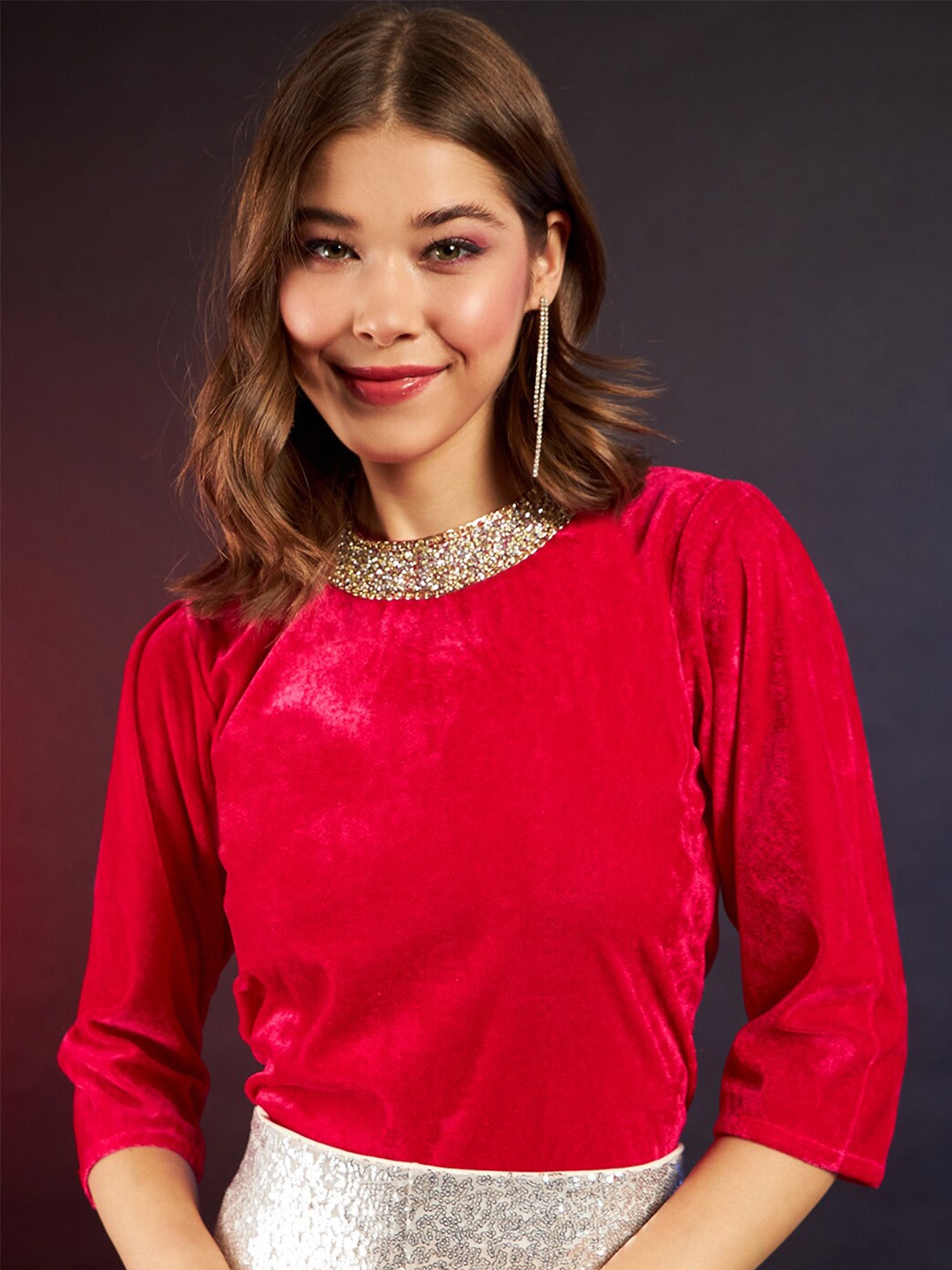 

DressBerry Red Jewel Neck Velvet Top