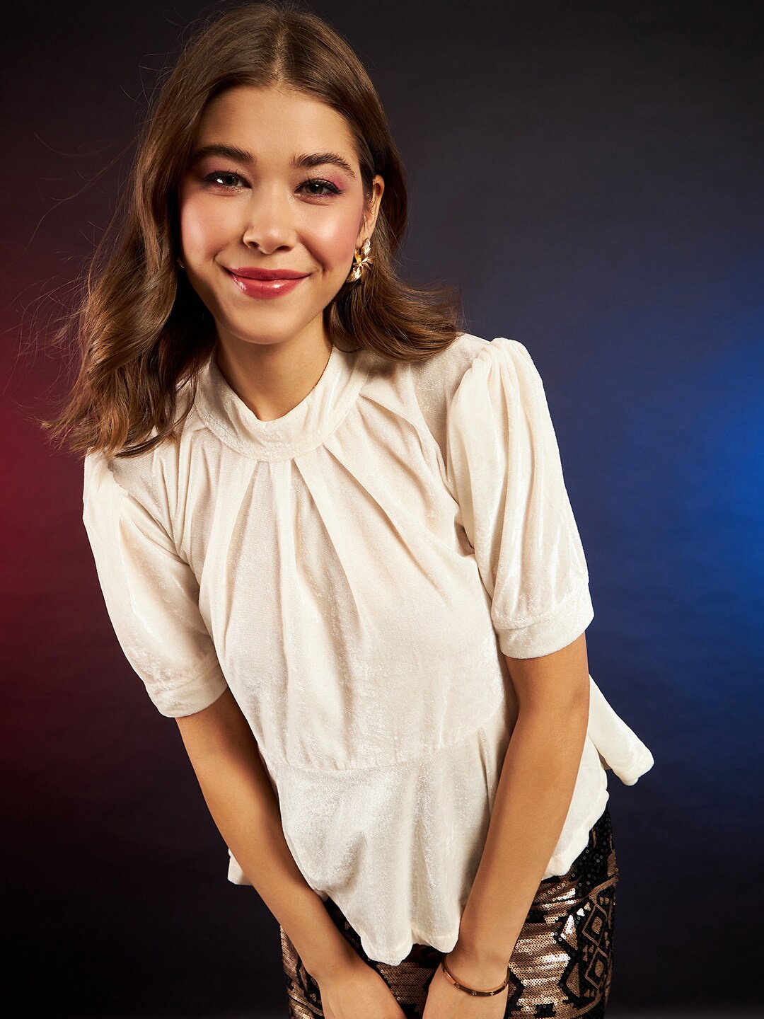 

DressBerry White High Neck Puff Sleeves Crepe Peplum Top